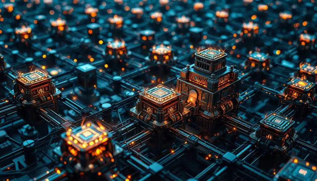 A complex network of interconnected shards, each a fortified citadel of cryptographic defenses. Shimmering force fields flicker and pulse, guarding against intrusion. Intricate algorithms, like digital sentinels, constantly monitor for anomalies, ready to deploy countermeasures at the first sign of a breach. In the background, a tapestry of blockchain nodes, their distributed ledgers forming an impenetrable chain of trust. Soft, ambient lighting casts an aura of security and reliability, while strategic camera angles highlight the layered, modular nature of this shard security architecture. The overall impression is one of resilience, adaptability, and unwavering protection for the blockchain's sensitive data and transactions.