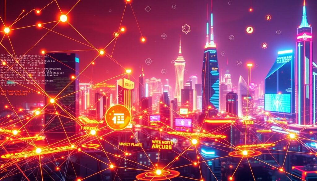 A complex network of interconnected smart contracts, decentralized applications, and blockchain nodes, set against a backdrop of a vibrant, neon-lit cityscape. The foreground features intricate lines of code flowing and intertwining, representing the decentralized nature of the applications. In the middle ground, various icons and symbols denoting DApps, transactions, and blockchain interactions are visible, all pulsing with an electric energy. The background showcases a futuristic skyline, with towering skyscrapers and holographic displays, conveying the cutting-edge and innovative nature of the blockchain technology. Warm, vivid lighting casts a futuristic glow over the entire scene, evoking a sense of progress and technological advancement. A complex network of interconnected smart contracts, decentralized applications, and blockchain nodes, set against a backdrop of a vibrant, neon-lit cityscape. The foreground features intricate lines of code flowing and intertwining, representing the decentralized nature of the applications. In the middle ground, various icons and symbols denoting DApps, transactions, and blockchain interactions are visible, all pulsing with an electric energy. The background showcases a futuristic skyline, with towering skyscrapers and holographic displays, conveying the cutting-edge and innovative nature of the blockchain technology. Warm, vivid lighting casts a futuristic glow over the entire scene, evoking a sense of progress and technological advancement.