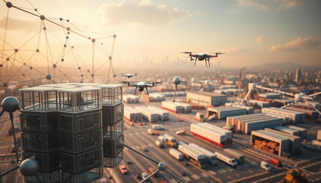 A complex network of interconnected supply chain nodes, each representing a blockchain-powered transaction or process. The foreground showcases a 3D-rendered blockchain ledger, its transparent blocks revealing intricate data flows. In the middle ground, automated drones and autonomous vehicles navigate a logistics hub, their movements tracked and verified on the blockchain. The background depicts a futuristic cityscape, its skyline dotted with smart warehouses and distribution centers, all seamlessly integrated with the blockchain ecosystem. Warm, diffused lighting casts a subtle glow, highlighting the harmony between physical and digital supply chain elements. Captured with a wide-angle lens to convey the vastness of this blockchain-driven supply chain management system.
