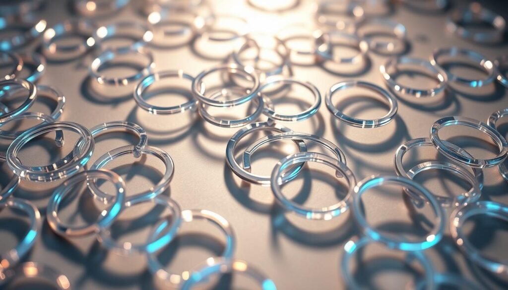 A complex network of interconnected transparent rings, casting intricate shadows on a muted, metallic backdrop. The rings, shimmering with a hint of holographic effect, represent the anonymity and obfuscation of stealth addresses and ring signatures in cryptocurrency transactions. Soft, directional lighting accentuates the three-dimensional depth, creating a sense of depth and mystery. The overall composition evokes the technical elegance and security features of these advanced privacy mechanisms.