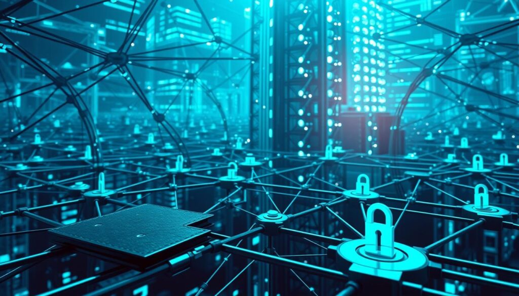A complex network of interlocking blockchain components, rendered in a sleek, technical style. In the foreground, a digital wallet interfaces with a decentralized identity management system, seamlessly verifying credentials. In the middle ground, nodes in a distributed ledger communicate, securing the integrity of data. In the background, a towering cryptographic infrastructure supports the entire system, bathed in a cool, blue-green luminescence. The scene conveys a sense of futuristic precision, where blockchain technology provides the foundational trust for secure, digital identities. A complex network of interlocking blockchain components, rendered in a sleek, technical style. In the foreground, a digital wallet interfaces with a decentralized identity management system, seamlessly verifying credentials. In the middle ground, nodes in a distributed ledger communicate, securing the integrity of data. In the background, a towering cryptographic infrastructure supports the entire system, bathed in a cool, blue-green luminescence. The scene conveys a sense of futuristic precision, where blockchain technology provides the foundational trust for secure, digital identities.
