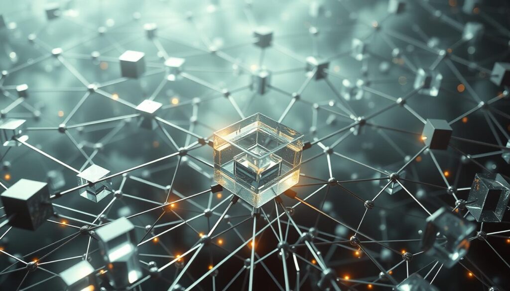 A complex network of interlocking geometric shapes, representing the core principles of blockchain technology. In the foreground, a central honeycomb-like structure, symbolizing the distributed, decentralized nature of the system. Surrounding it, a series of transparent cubes and prisms, depicting the transparency, immutability, and cryptographic security at the heart of blockchain. The middle ground features a mesmerizing array of lines, nodes, and interconnections, illustrating the consensus mechanisms and peer-to-peer transactions. In the background, a hazy, ethereal glow, evoking the transformative potential of this revolutionary technology. Lit by a soft, diffused light, the scene conveys a sense of technological sophistication and profound innovation. A complex network of interlocking geometric shapes, representing the core principles of blockchain technology. In the foreground, a central honeycomb-like structure, symbolizing the distributed, decentralized nature of the system. Surrounding it, a series of transparent cubes and prisms, depicting the transparency, immutability, and cryptographic security at the heart of blockchain. The middle ground features a mesmerizing array of lines, nodes, and interconnections, illustrating the consensus mechanisms and peer-to-peer transactions. In the background, a hazy, ethereal glow, evoking the transformative potential of this revolutionary technology. Lit by a soft, diffused light, the scene conveys a sense of technological sophistication and profound innovation.
