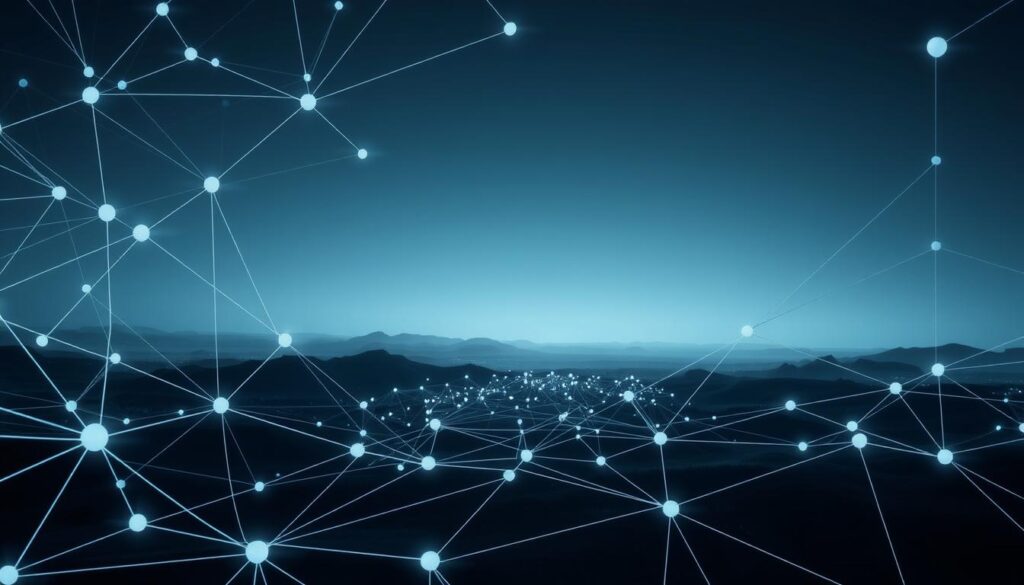 A complex network of smart contract nodes, their interwoven connections representing the decentralized governance framework of a blockchain ecosystem. The foreground depicts intelligent contracts, their lines of code forming intricate patterns, symbolizing the automated execution and enforcement of blockchain-based agreements. The middle ground showcases a collection of nodes, each representing a stakeholder or participant in the network, their positions and relationships visualizing the collaborative decision-making process. In the background, a minimalist landscape with a subtle gradient highlights the scalable, transparent, and tamper-resistant nature of the blockchain infrastructure. The overall scene conveys a sense of technological sophistication, procedural rigor, and collaborative stewardship inherent in effective smart contract governance.