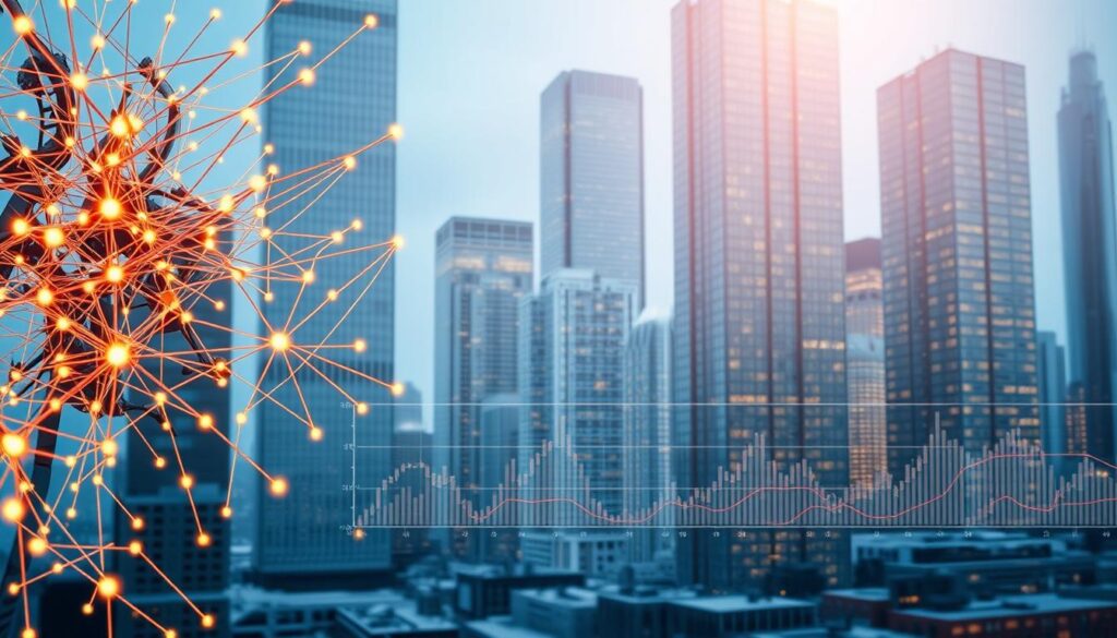 A complex neural network visualized in the foreground, its intricate layers and connections glowing with a soft, warm light. In the middle ground, graphs and charts displaying financial data and forecasting models, rendered in a sleek, minimalist style. The background features a cityscape of towering skyscrapers, their reflective glass surfaces creating a sense of depth and urban sophistication. The scene is bathed in a cool, bluish hue, evoking the precision and analytical nature of financial modeling. The overall composition conveys the power and potential of deep learning techniques applied to the realm of financial forecasting.