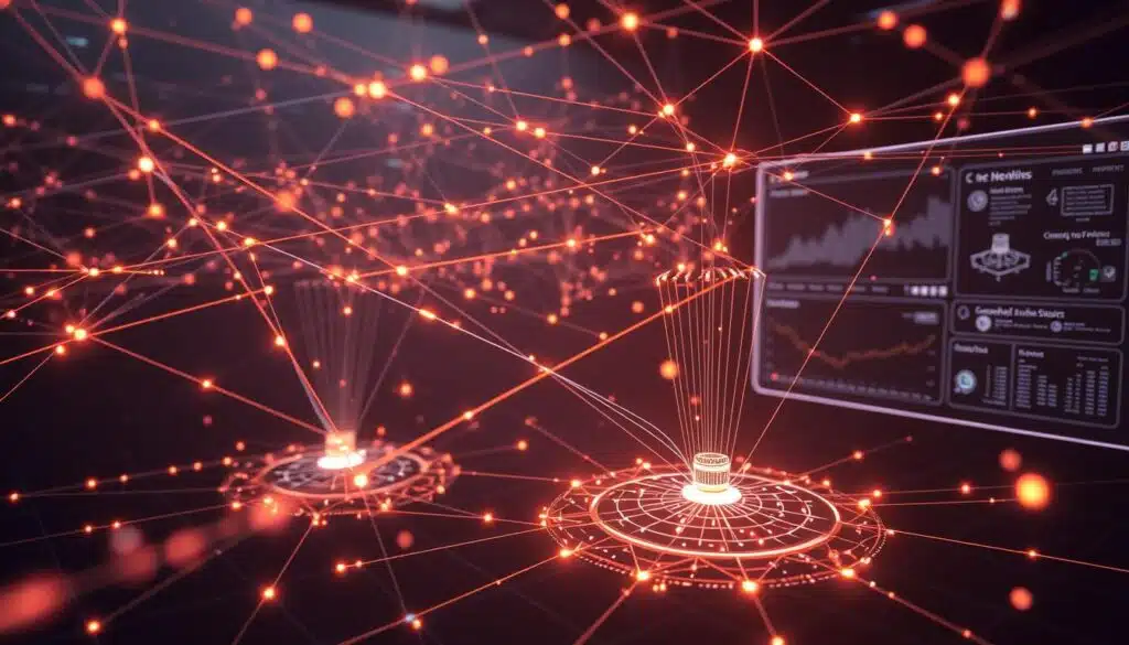 A complex web of interconnected protocols, designed to enable seamless communication between independent blockchain shards. In the foreground, a futuristic visualization of data packets traversing secure channels, their trajectories illuminated by a warm, holographic glow. The middle ground features intricate diagrams of layered network architectures, showcasing the technical intricacies of cross-shard coordination. In the background, a sleek, minimalist interface displays real-time analytics, monitoring the flow of information and identifying potential bottlenecks. The scene is bathed in a subtle, futuristic hue, conveying the cutting-edge nature of this blockchain scaling solution.