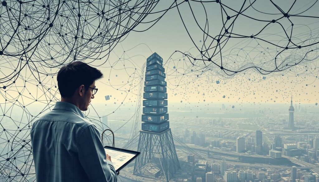 A complex web of social media data streams, tangled with diverse sentiment expressions, poses challenges for scaling accurate and comprehensive sentiment analysis. In the foreground, a data analyst navigates a labyrinth of interconnected graphs and visualizations, seeking patterns amidst the cacophony of online voices. The middle ground features a towering data stack, its components struggling to process the sheer volume of messages. In the background, a sprawling social media landscape unfolds, its intricate networks and shifting conversations posing obstacles to reliable sentiment tracking. Diffused lighting casts an aura of contemplation, as the scene conveys the cognitive strain of scaling sentiment analysis to match the scale of modern social media.