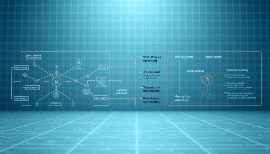 A comprehensive blockchain vulnerability diagram depicting common security risks, rendered in a clean, technical style. The foreground features a detailed schematic of blockchain network components, including nodes, consensus mechanisms, and smart contracts. The middle ground showcases common attack vectors, such as 51% attacks, transaction malleability, and reentrancy vulnerabilities. The background depicts a subtle grid pattern, symbolizing the underlying cryptographic foundations. The lighting is cool and directional, highlighting the technical nature of the subject matter. The overall composition conveys a sense of systematic analysis and academic rigor, suitable for an article on comprehensive blockchain security audits. A comprehensive blockchain vulnerability diagram depicting common security risks, rendered in a clean, technical style. The foreground features a detailed schematic of blockchain network components, including nodes, consensus mechanisms, and smart contracts. The middle ground showcases common attack vectors, such as 51% attacks, transaction malleability, and reentrancy vulnerabilities. The background depicts a subtle grid pattern, symbolizing the underlying cryptographic foundations. The lighting is cool and directional, highlighting the technical nature of the subject matter. The overall composition conveys a sense of systematic analysis and academic rigor, suitable for an article on comprehensive blockchain security audits.