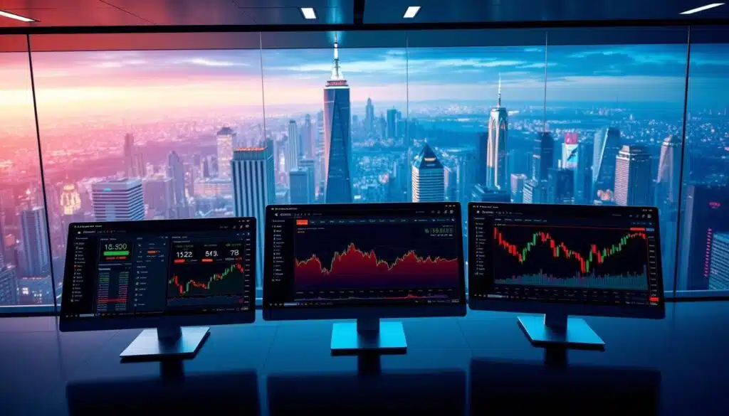 A comprehensive comparison of leading trading platforms, showcased in a sleek, high-tech environment. In the foreground, three state-of-the-art trading dashboards are displayed side-by-side, each with a distinct color scheme and intuitive user interface. The middle ground features a panoramic view of a modern financial district, with towering skyscrapers and a bustling cityscape. The background is illuminated by a vibrant, neon-infused skyline, creating a futuristic and dynamic atmosphere. The image is captured with a cinematic wide-angle lens, emphasizing the scale and grandeur of the scene. Precise lighting and shadows accentuate the depth and texture of the platforms, creating a visually striking and informative illustration.