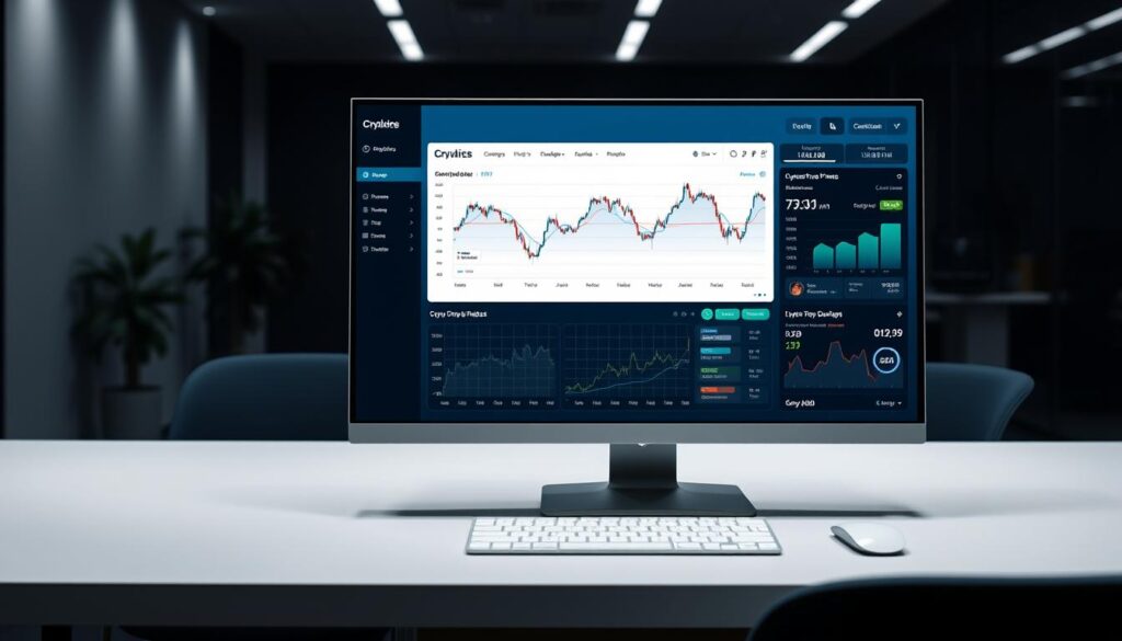 A comprehensive crypto volatility analysis dashboard displayed on a sleek, minimalist desktop setup. In the foreground, a large, high-resolution line chart depicts fluctuations in cryptocurrency prices over time, with dynamic data visualizations highlighting key trends and patterns. The middle ground features a variety of interactive tools, such as candlestick charts, indicators, and technical analysis modules, all seamlessly integrated into a clean, user-friendly interface. The background showcases a dimly lit, modern office environment, with subtle lighting and muted colors creating a focused, professional atmosphere conducive to in-depth market research and investment decision-making.