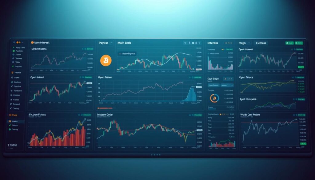 A comprehensive dashboard displaying intricate Bitcoin futures open interest metrics, meticulously crafted with a sleek and modern design. The foreground showcases various charts and graphs, illustrating key data points such as open interest, trading volume, and price trends. The middle ground features intuitive user interface elements, allowing seamless navigation and analysis. The background is subtly tinted with a cool, calming palette, creating a professional and authoritative atmosphere. Subtle lighting casts a soft glow, enhancing the clarity and legibility of the visuals. The overall composition strikes a balance between technical complexity and visual appeal, perfectly suited for an in-depth exploration of Bitcoin futures open interest. A comprehensive dashboard displaying intricate Bitcoin futures open interest metrics, meticulously crafted with a sleek and modern design. The foreground showcases various charts and graphs, illustrating key data points such as open interest, trading volume, and price trends. The middle ground features intuitive user interface elements, allowing seamless navigation and analysis. The background is subtly tinted with a cool, calming palette, creating a professional and authoritative atmosphere. Subtle lighting casts a soft glow, enhancing the clarity and legibility of the visuals. The overall composition strikes a balance between technical complexity and visual appeal, perfectly suited for an in-depth exploration of Bitcoin futures open interest.
