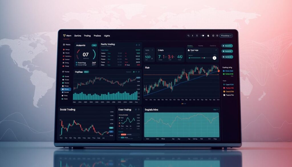 A comprehensive digital trading platform displaying a sleek dashboard with detailed charts, real-time market data, and customizable indicators. The interface is clean and intuitive, with a minimalist aesthetic accentuated by soft lighting and a muted color palette. In the foreground, key features like portfolio management, order execution, and risk analysis tools are prominently showcased. The middle ground highlights social trading capabilities, including news feeds, community discussions, and collaborative analysis tools. The background subtly depicts a global financial landscape, with subtle wireframe maps and satellite imagery, conveying the platform's comprehensive insights and connectivity. The overall atmosphere is one of efficiency, sophistication, and empowerment for the modern crypto trader. A comprehensive digital trading platform displaying a sleek dashboard with detailed charts, real-time market data, and customizable indicators. The interface is clean and intuitive, with a minimalist aesthetic accentuated by soft lighting and a muted color palette. In the foreground, key features like portfolio management, order execution, and risk analysis tools are prominently showcased. The middle ground highlights social trading capabilities, including news feeds, community discussions, and collaborative analysis tools. The background subtly depicts a global financial landscape, with subtle wireframe maps and satellite imagery, conveying the platform's comprehensive insights and connectivity. The overall atmosphere is one of efficiency, sophistication, and empowerment for the modern crypto trader.