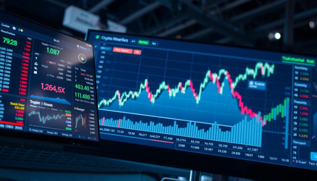 A comprehensive financial analysis of the correlation between cryptocurrency markets and traditional financial markets, captured in a high-quality, data-driven visualization. The foreground showcases a sleek, intuitive interface displaying real-time market data and trend analysis, with smooth transitions between various asset classes. The middle ground features a detailed line graph charting the fluctuations and interdependencies of crypto and traditional markets over time, complemented by insightful data visualizations. The background subtly incorporates elements of financial infrastructure, such as stock tickers and candlestick charts, creating a cohesive, professional atmosphere. The lighting is soft and directional, highlighting the clarity and precision of the data presented. The overall composition conveys a sense of informed decision-making, guiding the viewer through the complex interplay between the two distinct yet interconnected financial realms.