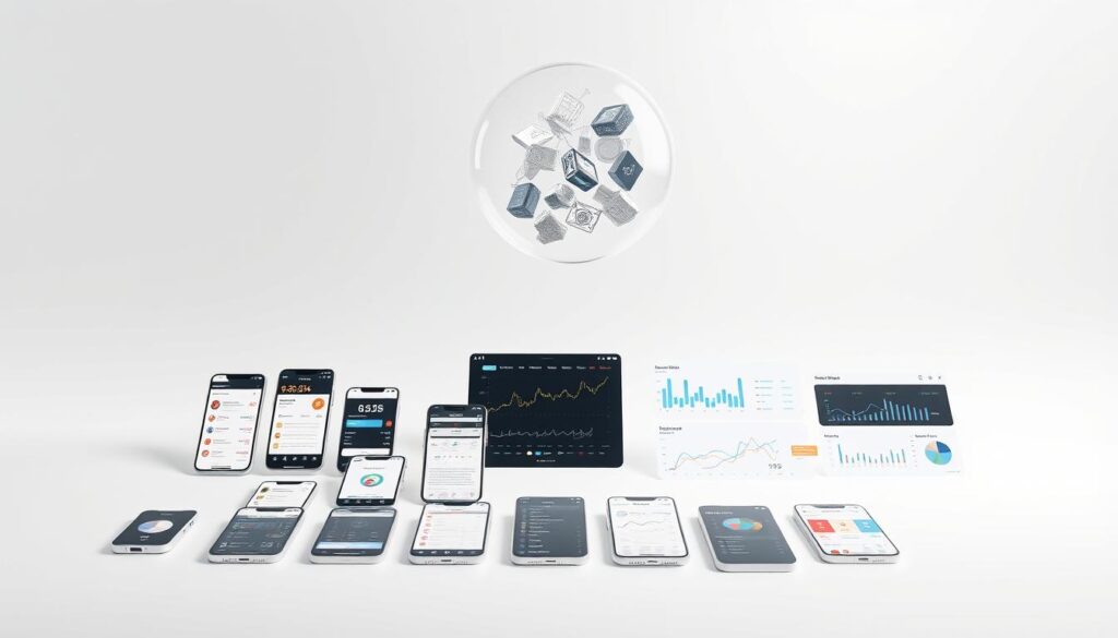 A comprehensive overview of top NFT analytics and price tracking tools, displayed on a minimalist white background. In the foreground, a grid of various app icons and screenshots, showcasing the key features and functionality of these tools. Floating above, a translucent sphere containing wireframe 3D NFT models, symbolizing the data visualization capabilities. The middle ground features sleek, modern UI elements and infographic-style visualizations, highlighting market insights and trends. The background has a subtle, gradient-based texture, creating a sense of depth and sophistication. Lighting is crisp and even, with a soft, diffused glow to accentuate the digital, technological aesthetic. The overall mood is professional, informative, and visually engaging.