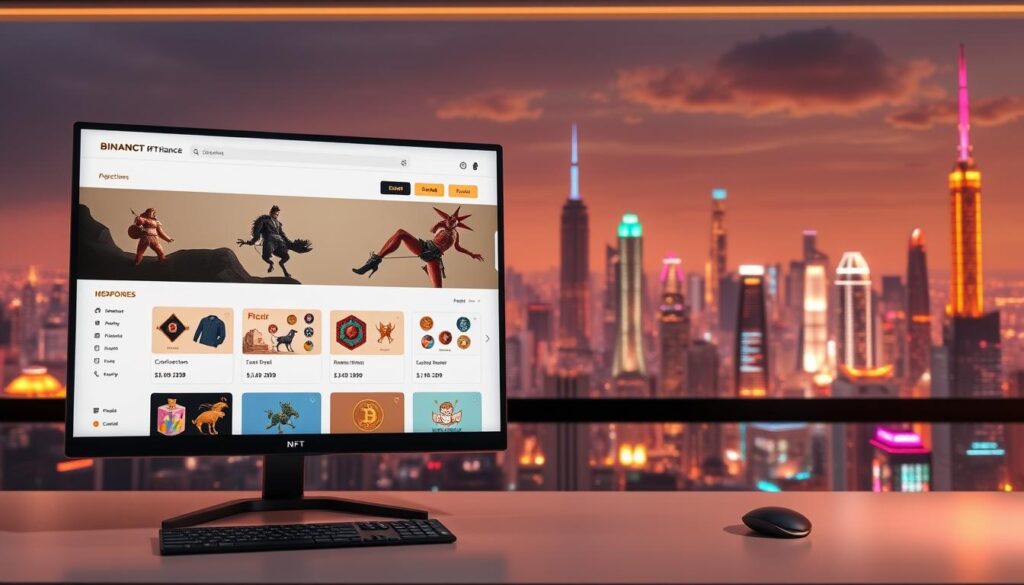 A comprehensive review of the Binance NFT platform, showcasing its sleek user interface and vibrant marketplace. In the foreground, a desktop display presents the platform's homepage, with various NFT collections and categories prominently displayed. The middle ground features a 3D-rendered model of the Binance logo, casting a warm, ambient glow. In the background, a futuristic cityscape with towering skyscrapers and a vibrant, neon-infused skyline sets the scene, conveying a sense of technological innovation and global connectivity. The lighting is a balance of soft, diffused illumination and strategic highlights, creating a visually compelling and informative composition. A comprehensive review of the Binance NFT platform, showcasing its sleek user interface and vibrant marketplace. In the foreground, a desktop display presents the platform's homepage, with various NFT collections and categories prominently displayed. The middle ground features a 3D-rendered model of the Binance logo, casting a warm, ambient glow. In the background, a futuristic cityscape with towering skyscrapers and a vibrant, neon-infused skyline sets the scene, conveying a sense of technological innovation and global connectivity. The lighting is a balance of soft, diffused illumination and strategic highlights, creating a visually compelling and informative composition.