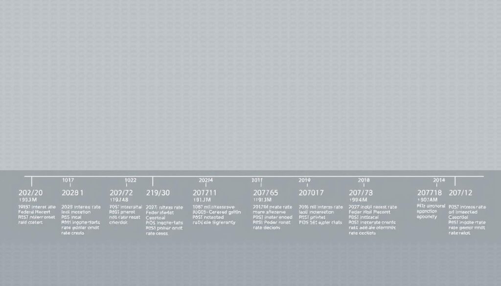 A comprehensive timeline depicting the Federal Reserve's rate adjustments over the years, rendered with a clean, minimalist aesthetic. The foreground showcases a series of key dates and corresponding interest rate changes, presented in a sleek, data-driven infographic style. The middle ground features a subtly patterned background, hinting at the complex financial landscape that influences these decisions. The overall mood is one of analytical precision, reflecting the careful consideration that goes into the Fed's monetary policy adjustments.