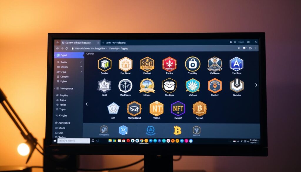 A computer screen displaying a user interface with various NFT badges and achievements prominently displayed, illuminated by a warm, soft lighting. The badges are arranged neatly, each showcasing a unique design and visual style, reflecting the diverse range of digital collectibles available. The background is slightly blurred, creating a sense of depth and focus on the central elements. The overall atmosphere conveys a sense of accomplishment, pride, and the excitement of earning these digital rewards.