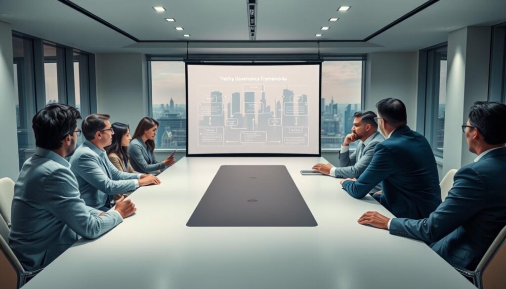 A consortium of enterprise leaders gathered in a modern conference room, illuminated by soft, diffused lighting. The centerpiece is a sleek, minimalist table, around which sit executives in thoughtful discussion, examining intricate governance frameworks projected onto a large screen. The room's clean lines and neutral palette convey a sense of professionalism and authority. In the background, a city skyline is visible through floor-to-ceiling windows, hinting at the real-world impact of these strategic deliberations. The atmosphere is one of focused collaboration, as the leaders work to establish robust, transparent governance models to guide their blockchain-powered enterprise.