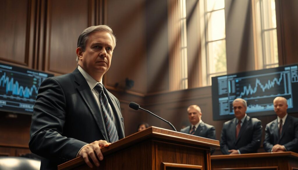 A courtroom scene with a stern-faced government official at the podium, standing before a panel of judges in formal attire. Beams of light stream in through tall windows, casting dramatic shadows across the room. The officials's expression conveys a sense of authority and determination, while the judges lean forward, attentively evaluating the evidence presented. In the background, digital screens display complex charts and data, hinting at the technical nature of the proceedings. The atmosphere is one of solemn gravity, reflecting the gravity of the Department of Justice's enforcement actions against cryptocurrency-related crimes. A courtroom scene with a stern-faced government official at the podium, standing before a panel of judges in formal attire. Beams of light stream in through tall windows, casting dramatic shadows across the room. The officials's expression conveys a sense of authority and determination, while the judges lean forward, attentively evaluating the evidence presented. In the background, digital screens display complex charts and data, hinting at the technical nature of the proceedings. The atmosphere is one of solemn gravity, reflecting the gravity of the Department of Justice's enforcement actions against cryptocurrency-related crimes.