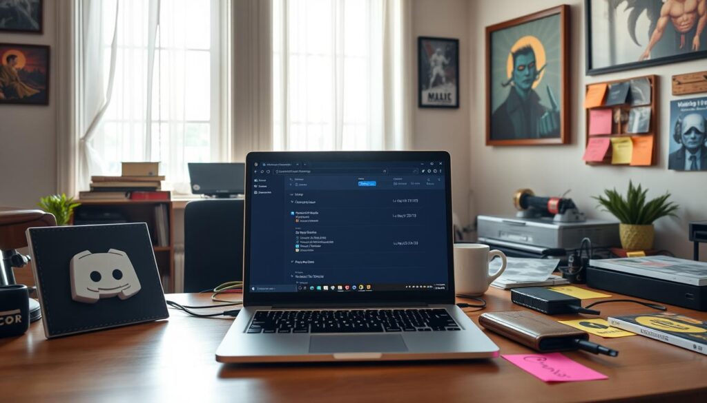 A cozy and well-organized home office, flooded with warm, natural lighting. On the desk, a laptop displays Discord's interface, open to the settings panel. Surrounding the laptop are various NFT-related items: a physical NFT artwork, a cryptocurrency hardware wallet, and colorful sticky notes outlining upcoming NFT drop dates. The walls are adorned with framed digital art pieces, reflecting the owner's passion for the NFT space. The atmosphere is one of focused productivity, with a sense of anticipation for the next big NFT drop. A cozy and well-organized home office, flooded with warm, natural lighting. On the desk, a laptop displays Discord's interface, open to the settings panel. Surrounding the laptop are various NFT-related items: a physical NFT artwork, a cryptocurrency hardware wallet, and colorful sticky notes outlining upcoming NFT drop dates. The walls are adorned with framed digital art pieces, reflecting the owner's passion for the NFT space. The atmosphere is one of focused productivity, with a sense of anticipation for the next big NFT drop.