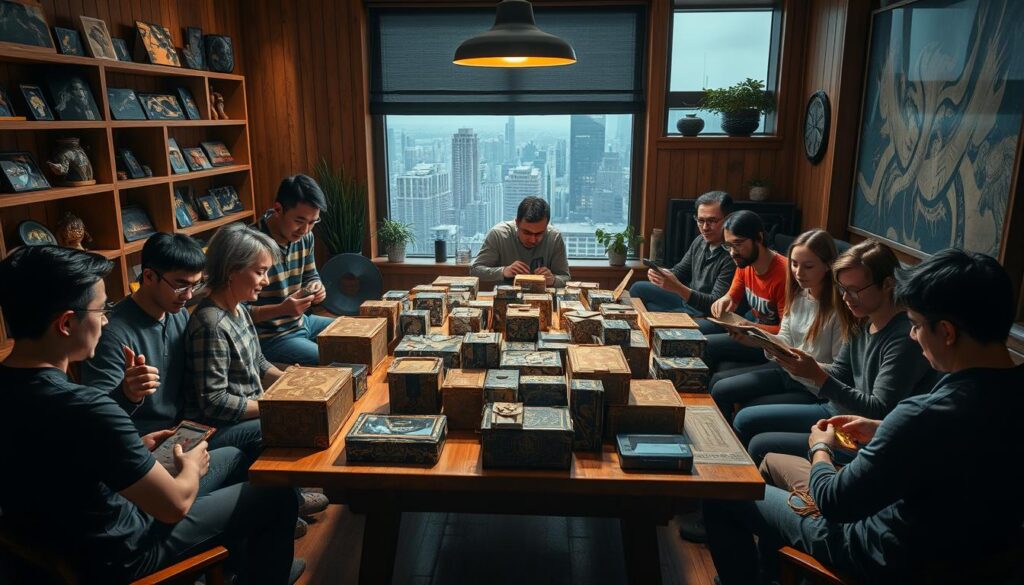 A cozy, well-lit room with a wooden table in the center. On the table, an assortment of mysterious NFT mystery boxes, each one adorned with intricate designs and patterns. Surrounding the table, a group of enthusiastic gamers and collectors, their faces alight with excitement as they carefully unwrap the boxes, revealing the exclusive in-game items and rewards within. Shelves lining the walls display a collection of rare and sought-after NFTs, while a large window in the background offers a glimpse of a bustling city skyline. The mood is one of anticipation and shared joy, as the community comes together to celebrate the thrill of the unboxing experience. A cozy, well-lit room with a wooden table in the center. On the table, an assortment of mysterious NFT mystery boxes, each one adorned with intricate designs and patterns. Surrounding the table, a group of enthusiastic gamers and collectors, their faces alight with excitement as they carefully unwrap the boxes, revealing the exclusive in-game items and rewards within. Shelves lining the walls display a collection of rare and sought-after NFTs, while a large window in the background offers a glimpse of a bustling city skyline. The mood is one of anticipation and shared joy, as the community comes together to celebrate the thrill of the unboxing experience.