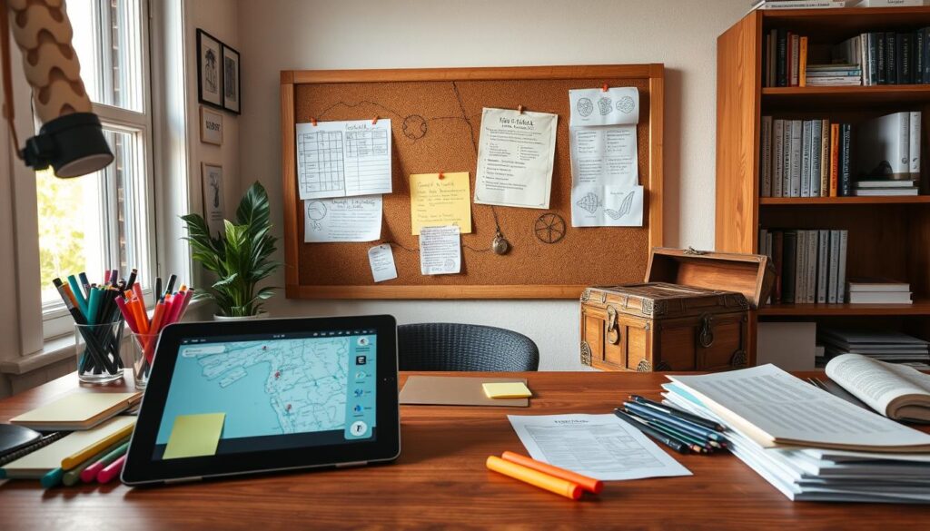 A cozy workspace with an array of digital tools and physical materials neatly organized for planning and executing an engaging NFT treasure hunt. In the foreground, a wooden desk displays a variety of colored markers, sticky notes, and a tablet displaying a digital map. The middle ground features a corkboard with sketches, clues, and task lists pinned up, illuminated by a soft, natural light filtering in through a nearby window. In the background, a bookshelf holds reference materials, guidebooks, and a 3D-printed treasure chest, creating a sense of depth and preparation. The overall atmosphere evokes a focused, creative, and well-planned approach to crafting an immersive NFT treasure hunt experience.