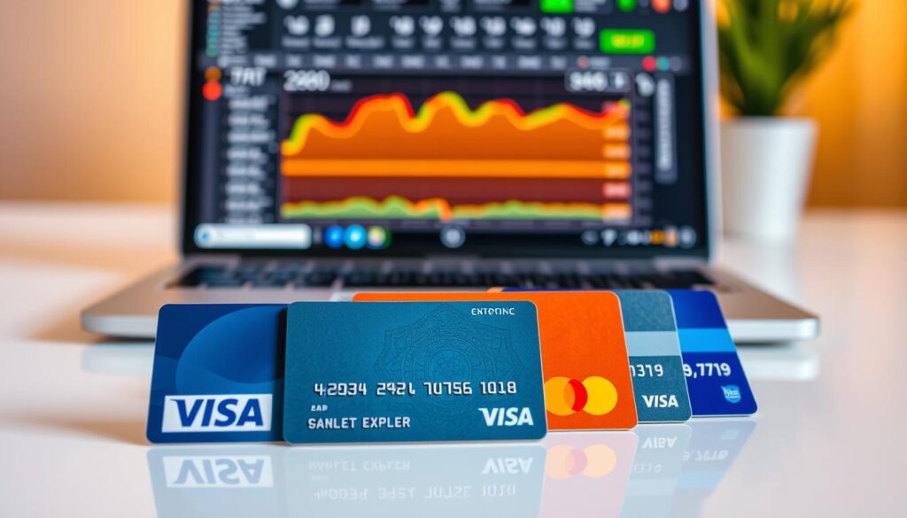 A crisp and clean desktop shot of various credit and debit card options for crypto transactions. In the foreground, a row of colorful card designs - Visa, Mastercard, American Express - sits atop a sleek, reflective surface. The middle ground features a laptop displaying a crypto trading platform, its interface showcasing exchange rates and transaction options. The background subtly blurs, creating a sense of depth and focus on the card details. Warm lighting casts a subtle glow, conveying a professional, financial atmosphere. The overall composition is balanced and visually appealing, highlighting the diverse payment methods available for crypto enthusiasts.