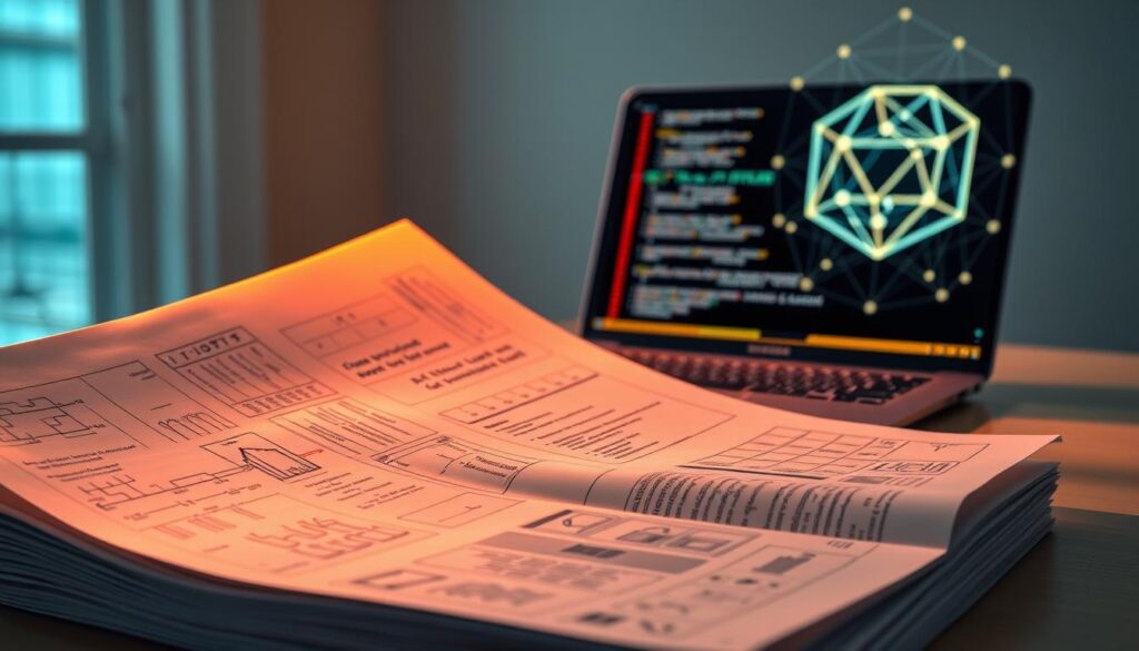 A crisp, high-resolution image depicting the key components of a crypto whitepaper. In the foreground, a stack of paper documents with technical diagrams, charts, and formulae, illuminated by warm, directional lighting. In the middle ground, a laptop displaying a decrypted blockchain network visualization, its code and algorithms reflected in the screen. In the background, a holographic projection of a digital token, its geometric shape and color palette evoking the project's branding. The overall atmosphere is one of innovation, complexity, and intellectual rigor, capturing the essence of a well-crafted crypto whitepaper.