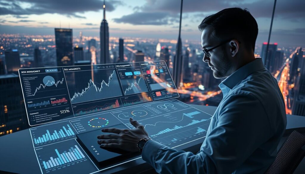 A crypto trader evaluates risk management strategies on a sleek, futuristic dashboard. In the foreground, a holographic display shows real-time market data and analysis tools. The middle ground features various graphs, charts, and risk assessment metrics, all rendered in a crisp, minimalist style. In the background, a panoramic cityscape of gleaming skyscrapers and neon-lit streets sets the scene of the fast-paced, high-tech crypto world. Soft, directional lighting illuminates the scene, creating a sense of professionalism and authority. The overall mood is one of controlled, data-driven decision-making in the face of the volatile crypto markets.