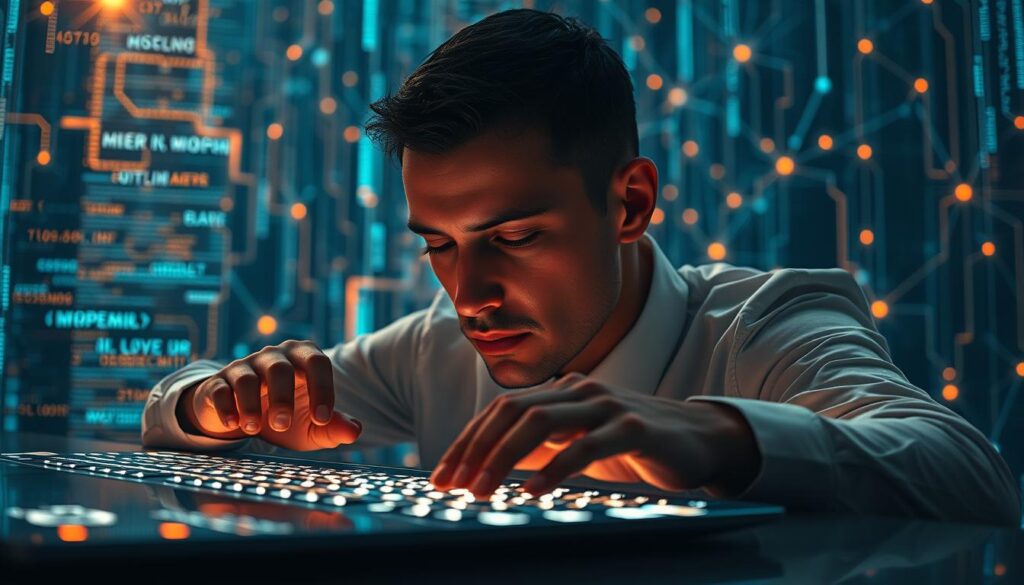 A cryptographic puzzle solver intently focusing on a glowing digital interface, surrounded by cascading lines of code and data visualizations. The scene is bathed in a warm, ambient light, creating a meditative atmosphere. The solver's hands are poised over a sleek, futuristic keyboard, their face illuminated by the soft glow of the screen, revealing a look of deep concentration. In the background, a complex, blockchain-inspired network of interconnected nodes and data streams pulses with energy, symbolizing the intricate process of blockchain mining. A cryptographic puzzle solver intently focusing on a glowing digital interface, surrounded by cascading lines of code and data visualizations. The scene is bathed in a warm, ambient light, creating a meditative atmosphere. The solver's hands are poised over a sleek, futuristic keyboard, their face illuminated by the soft glow of the screen, revealing a look of deep concentration. In the background, a complex, blockchain-inspired network of interconnected nodes and data streams pulses with energy, symbolizing the intricate process of blockchain mining.