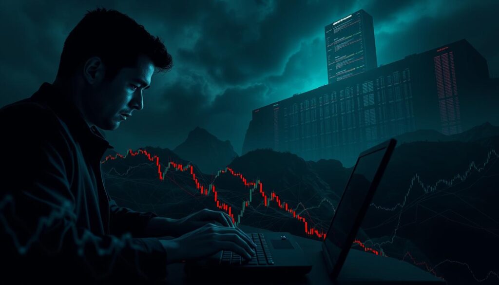 A dark and brooding financial landscape, bathed in the eerie glow of a bear market. In the foreground, a lone trader scrutinizes charts and graphs, contemplating their next move. Hands poised over a keyboard, the trader's expression is one of intense concentration, as they carefully execute a short sell order, hedging against the crypto market's downward spiral. The middle ground is dominated by a tangled web of digital transaction lines, pulsing with the heartbeat of the volatile market. In the background, a towering wall of data and analytics looms, casting an ominous shadow over the scene, hinting at the high stakes and complex strategies required to navigate these uncertain times.