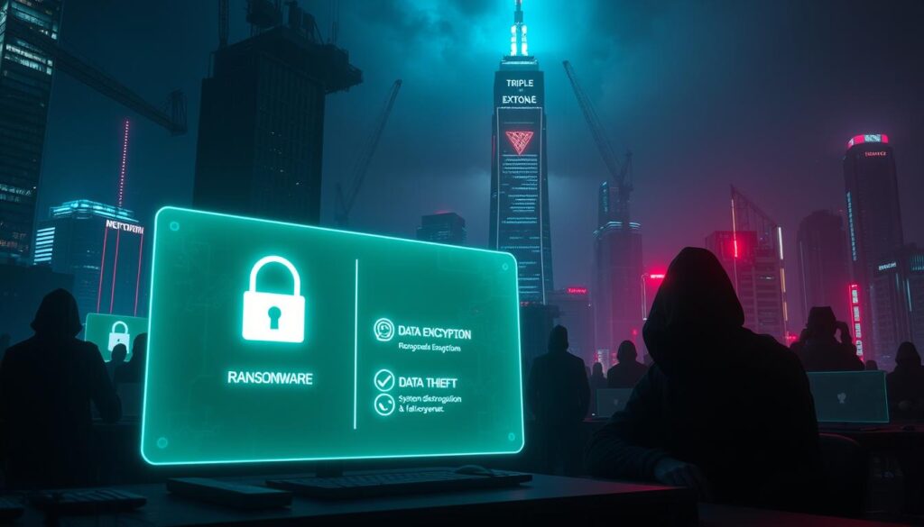 A dark and foreboding cyberpunk cityscape, bathed in an eerie neon glow. In the foreground, a glowing holographic interface displays a trio of ransomware attack vectors - data encryption, data theft, and system disruption. Ominous silhouettes of hooded figures loom in the middle ground, their hands poised over keyboards. In the background, a towering skyscraper with a glowing "Triple Extortion" logo casts an ominous shadow over the scene. The atmosphere is tense, high-tech, and overwhelmingly threatening, conveying the relentless and evolving nature of modern ransomware tactics. A dark and foreboding cyberpunk cityscape, bathed in an eerie neon glow. In the foreground, a glowing holographic interface displays a trio of ransomware attack vectors - data encryption, data theft, and system disruption. Ominous silhouettes of hooded figures loom in the middle ground, their hands poised over keyboards. In the background, a towering skyscraper with a glowing "Triple Extortion" logo casts an ominous shadow over the scene. The atmosphere is tense, high-tech, and overwhelmingly threatening, conveying the relentless and evolving nature of modern ransomware tactics.
