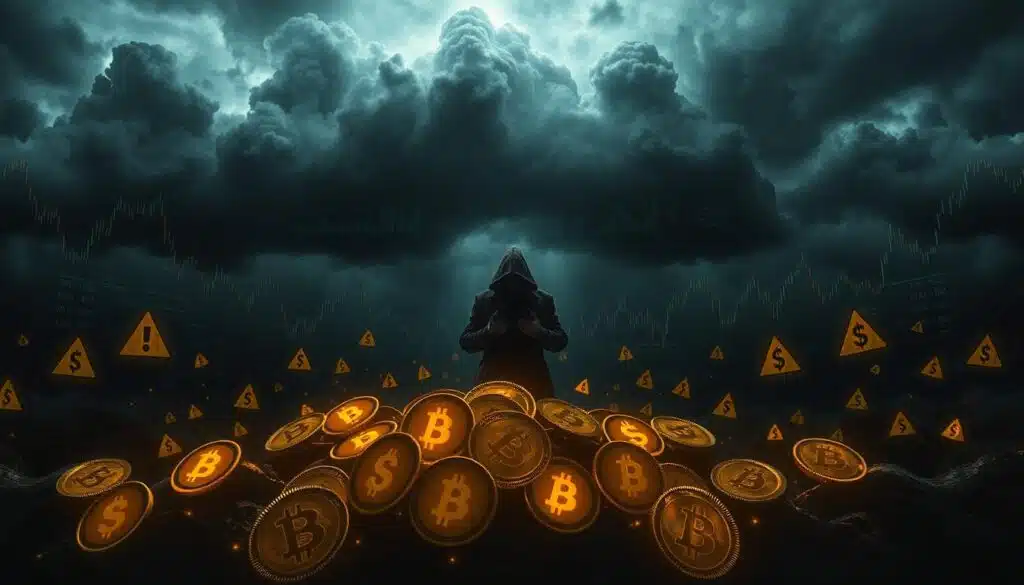 A dark and foreboding financial landscape, with ominous clouds looming overhead. In the foreground, a cluster of glowing cryptocurrencies seem to pulse with an ominous energy, surrounded by a swarm of dollar signs and warning symbols like exclamation points and question marks. The middle ground features a shadowy figure, seemingly orchestrating a pump-and-dump scheme, pulling the strings behind the scenes. In the background, a chaotic display of graphs, charts, and financial indicators suggest an unstable and volatile market. The overall mood is one of suspicion, caution, and the potential for financial ruin.
