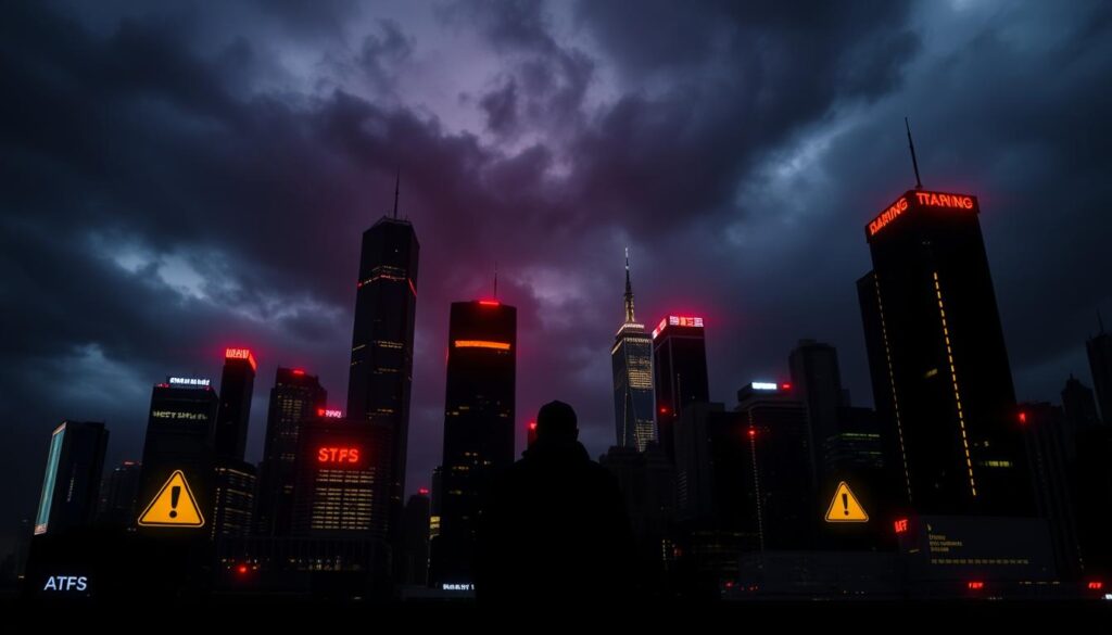 A dark and ominous cityscape at night, with towering skyscrapers and a cloudy, foreboding sky. In the foreground, a shadowy figure stands against a backdrop of flashing red and yellow warning lights, symbolizing the risks and volatility of the cryptocurrency market. The scene is illuminated by the eerie glow of digital displays and holograms, casting an unsettling atmosphere. The overall composition conveys a sense of uncertainty, risk, and the potential for financial turmoil associated with crypto ETFs.