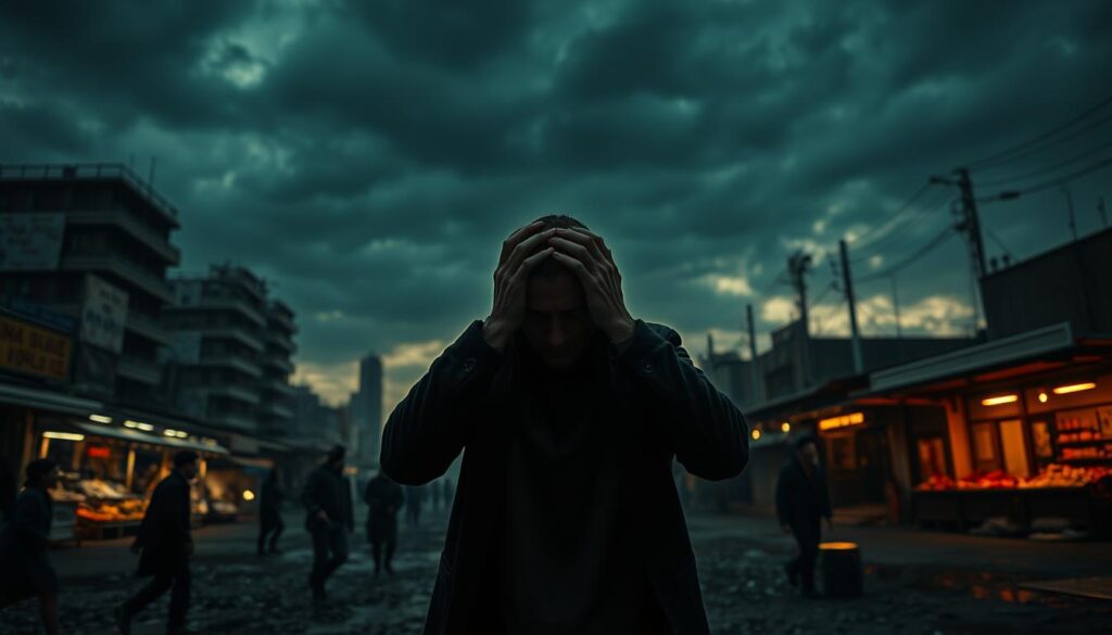 A dark, foreboding cityscape at dusk, with a tumultuous sky overhead. In the foreground, a lone figure stands hunched, hands clutching their head in despair, their expression conveying profound anguish and capitulation. Shadowy figures in the middle ground dart about, faces twisted with fear and panic. In the background, a once-bustling marketplace lies abandoned, stalls and storefronts boarded up, the only sound the eerie howling of the wind. The scene is bathed in a sickly, amber glow, creating an atmosphere of dread and hopelessness. A 50mm lens captures the scene, with a shallow depth of field that draws the viewer's attention to the central figure, the embodiment of the market's psychological fear and despair. A dark, foreboding cityscape at dusk, with a tumultuous sky overhead. In the foreground, a lone figure stands hunched, hands clutching their head in despair, their expression conveying profound anguish and capitulation. Shadowy figures in the middle ground dart about, faces twisted with fear and panic. In the background, a once-bustling marketplace lies abandoned, stalls and storefronts boarded up, the only sound the eerie howling of the wind. The scene is bathed in a sickly, amber glow, creating an atmosphere of dread and hopelessness. A 50mm lens captures the scene, with a shallow depth of field that draws the viewer's attention to the central figure, the embodiment of the market's psychological fear and despair.