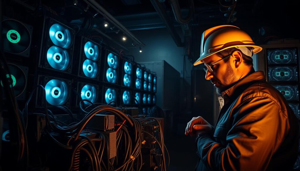A dark, industrial warehouse with towering mining rigs and glowing computer screens. The foreground features a tangled mess of cooling fans, heat sinks, and exposed wiring, hinting at the challenges of managing heat and energy consumption. In the middle ground, a technician in a hardhat examines a rig, his brow furrowed with concentration. The background is shrouded in shadows, suggesting the risks and uncertainties of this high-stakes endeavor. Dramatic lighting casts dramatic shadows, amplifying the sense of tension and risk. The overall atmosphere conveys the intensity and complexity of Bitcoin mining. A dark, industrial warehouse with towering mining rigs and glowing computer screens. The foreground features a tangled mess of cooling fans, heat sinks, and exposed wiring, hinting at the challenges of managing heat and energy consumption. In the middle ground, a technician in a hardhat examines a rig, his brow furrowed with concentration. The background is shrouded in shadows, suggesting the risks and uncertainties of this high-stakes endeavor. Dramatic lighting casts dramatic shadows, amplifying the sense of tension and risk. The overall atmosphere conveys the intensity and complexity of Bitcoin mining.