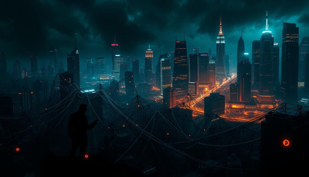 A dark, ominous landscape of AI-powered crypto scams, where deception and greed intertwine. In the foreground, a tangled web of fraudulent schemes, with shadowy figures manipulating data and luring unsuspecting victims. The middle ground is a chaotic swirl of digital currencies, blockchain ledgers, and complex algorithms, all twisted to serve malicious ends. In the background, a foreboding cityscape of towering skyscrapers, their windows reflecting the glow of stolen cryptocurrency. The scene is bathed in an eerie, neon-tinged light, casting an unsettling atmosphere of unease and danger. The image conveys the relentless evolution of AI-driven crypto scams, a cautionary tale of the perils that lurk in the digital financial landscape.