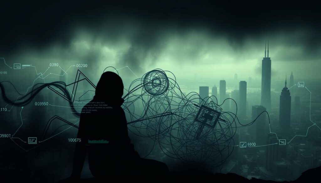 A dark, ominous scene depicting the risks and challenges of crypto derivatives trading. In the foreground, a shadowy figure representing the volatility and unpredictability of the crypto markets, with swirling data streams and glitching digital artifacts surrounding it. In the middle ground, a tangled web of interconnected financial instruments and complex trading algorithms, hinting at the inherent risks and the potential for contagion. The background is a hazy, dystopian landscape, with towering skyscrapers and a sense of impending doom, symbolizing the broader systemic risks posed by the crypto derivatives market. The lighting is moody and dramatic, casting dramatic shadows and highlights to enhance the sense of foreboding and unease. The overall atmosphere is one of unease, danger, and the need for caution and prudence when navigating the treacherous waters of crypto derivatives trading.