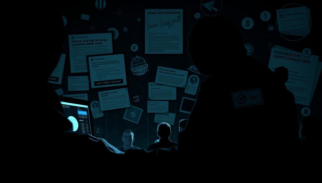 A dark, ominous scene of various crypto scam tactics unfolding. In the foreground, a shadowy figure silently manipulates a cryptocurrency exchange interface, executing a classic rug pull. In the middle ground, a group of unsuspecting investors gaze at their screens, oblivious to the impending disaster. In the background, a tangled web of misleading social media posts, fake whitepapers, and compromised wallets illustrate the sinister methods used to lure and deceive victims. Dramatic, high-contrast lighting casts an eerie, foreboding atmosphere, underscoring the grave consequences of these predatory financial schemes.