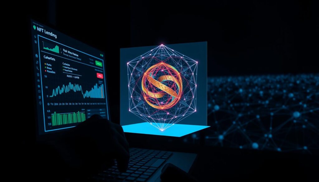 A darkened room, illuminated by the soft glow of computer screens. In the foreground, a hand carefully navigates a virtual NFT lending platform, analyzing risk metrics and collateral ratios. The middle ground features a 3D holographic projection of a complex risk management algorithm, its intricate calculations displayed in a kaleidoscope of colors. In the background, a panoramic view of the blockchain network, with nodes pulsing with data, symbolizing the interconnected nature of the decentralized finance ecosystem. The mood is one of concentrated focus and analytical rigor, as the image conveys the critical importance of robust risk management in the emerging world of NFT lending protocols. A darkened room, illuminated by the soft glow of computer screens. In the foreground, a hand carefully navigates a virtual NFT lending platform, analyzing risk metrics and collateral ratios. The middle ground features a 3D holographic projection of a complex risk management algorithm, its intricate calculations displayed in a kaleidoscope of colors. In the background, a panoramic view of the blockchain network, with nodes pulsing with data, symbolizing the interconnected nature of the decentralized finance ecosystem. The mood is one of concentrated focus and analytical rigor, as the image conveys the critical importance of robust risk management in the emerging world of NFT lending protocols.