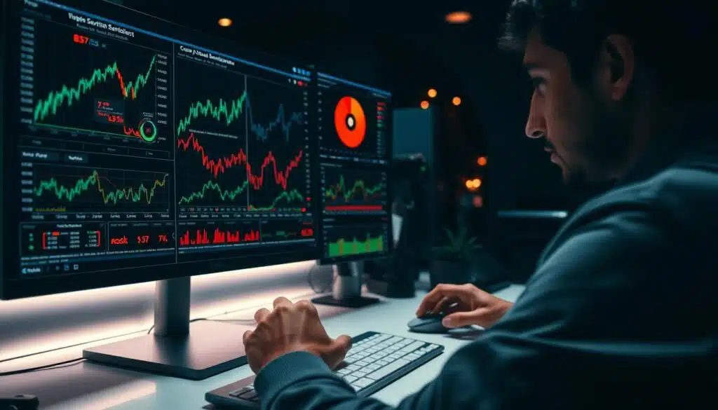 A data analyst intently examines a series of vibrant cryptocurrency market sentiment charts and indicators on a high-resolution display. The foreground showcases the analyst's intense focus, their hands expertly navigating data visualizations and dashboards. The middle ground features a sleek, minimalist workspace with a keyboard, mouse, and other tech accessories. The background depicts a dimly lit, moody office environment with subtle lighting and hints of technology, creating an atmosphere of deep analysis and contemplation.