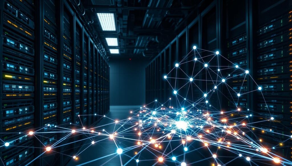 A data center filled with rows of server racks, cables, and blinking lights. In the foreground, a blockchain network visualized as a complex web of interconnected nodes, pulsing with energy. In the background, a neural network diagram depicting machine learning algorithms optimizing the blockchain's performance. Dramatic lighting casts deep shadows, creating a sense of technological power and innovation. The overall composition conveys the integration of cutting-edge machine learning techniques with blockchain infrastructure to drive network optimization.