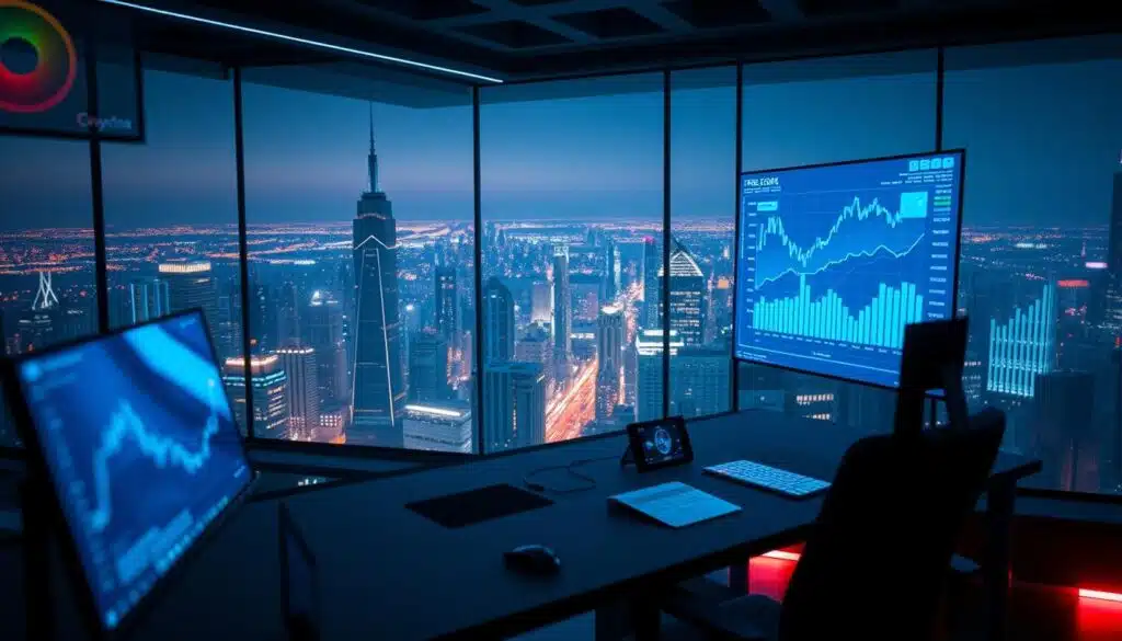 A data-driven crypto trading dashboard floats in a dimly lit, futuristic workspace. Holographic charts and graphs dance across dual displays, casting a soft blue glow. Sleek, angular workstations and advanced analytics software populate the foreground, hinting at the power of predictive models. In the background, a vast cityscape of gleaming skyscrapers and neon-tinged skylines suggests the global, interconnected nature of the crypto markets. Subtle lens flares and depth-of-field blur create a sense of immersion, drawing the viewer into this high-tech world of data-driven crypto trading strategies.