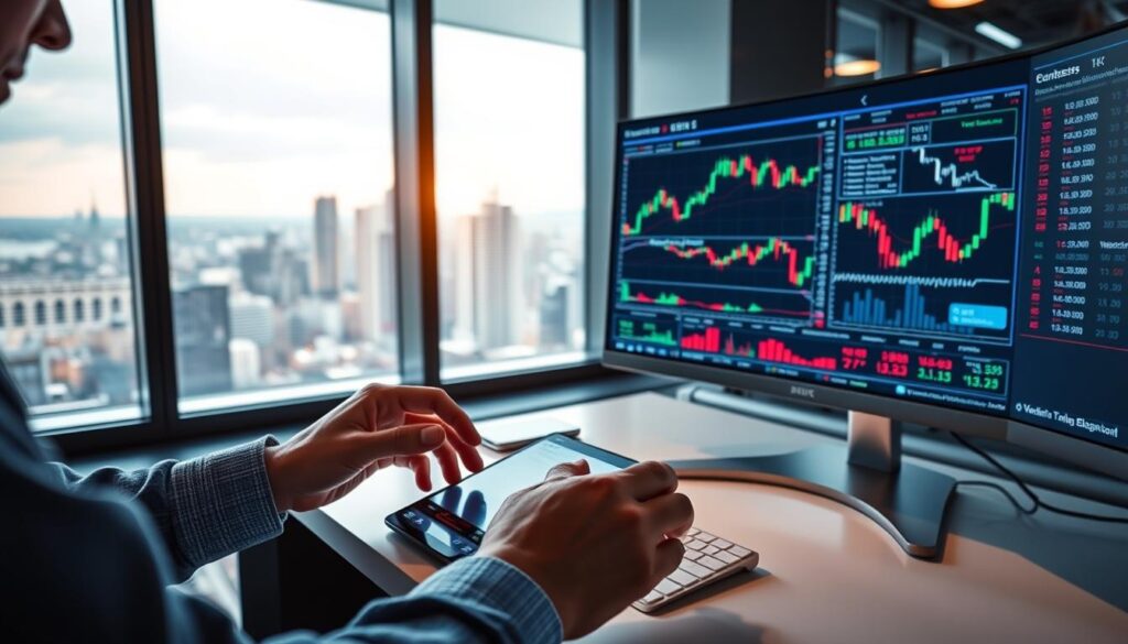 A data-driven trading desk, illuminated by the soft glow of multiple screens displaying real-time market indicators. In the foreground, a trader's hands deftly manipulate a touchscreen, integrating volume analysis, candlestick patterns, and momentum oscillators into a comprehensive trading strategy. The middle ground features a sleek, minimalist desktop setup, with a high-resolution monitor showcasing a detailed technical analysis dashboard. In the background, a window offers a panoramic view of a bustling financial district, reflecting the dynamic nature of the markets. The scene exudes a sense of focus, precision, and the seamless fusion of human expertise and technological prowess.