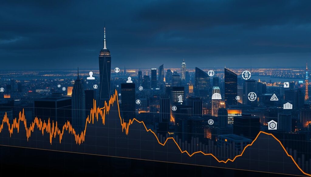 A data-driven visualization of crypto inflation trends and monetary policy response. In the foreground, a dynamic graph charts the fluctuating crypto price index, with lines and bars conveying the volatility. In the middle ground, symbolic icons represent central bank policies - interest rate hikes, quantitative tightening, and other interventions. The background features a panoramic cityscape, with towering skyscrapers and a glowing skyline, hinting at the broader economic landscape impacted by these forces. The composition is enhanced by dramatic lighting, casting long shadows and highlighting the key elements. The overall mood is one of analytical insight, exploring the complex interplay between crypto markets and monetary authorities. A data-driven visualization of crypto inflation trends and monetary policy response. In the foreground, a dynamic graph charts the fluctuating crypto price index, with lines and bars conveying the volatility. In the middle ground, symbolic icons represent central bank policies - interest rate hikes, quantitative tightening, and other interventions. The background features a panoramic cityscape, with towering skyscrapers and a glowing skyline, hinting at the broader economic landscape impacted by these forces. The composition is enhanced by dramatic lighting, casting long shadows and highlighting the key elements. The overall mood is one of analytical insight, exploring the complex interplay between crypto markets and monetary authorities.