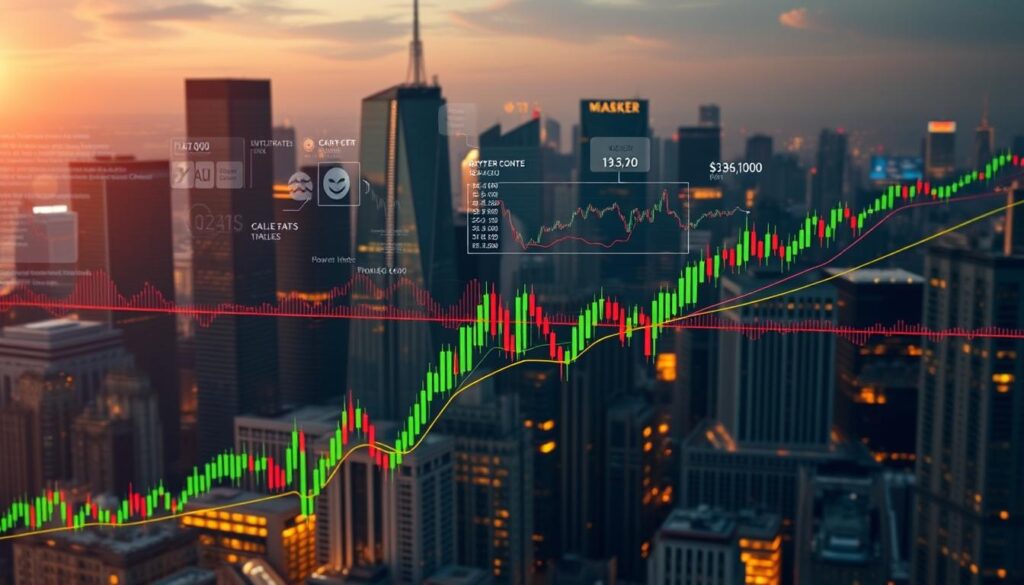 A data-driven visualization of market inefficiencies and price discrepancies. In the foreground, a detailed graph depicting cryptocurrency price fluctuations, with lines and indicators highlighting arbitrage opportunities. In the middle ground, transparent overlays of financial metrics, volatility charts, and algorithmic trading signals. In the background, a cityscape of towering skyscrapers, representing the global financial markets. Illuminated by a warm, golden light, creating a sense of depth and atmosphere. Captured through a wide-angle lens, emphasizing the complexity and scale of the analysis.