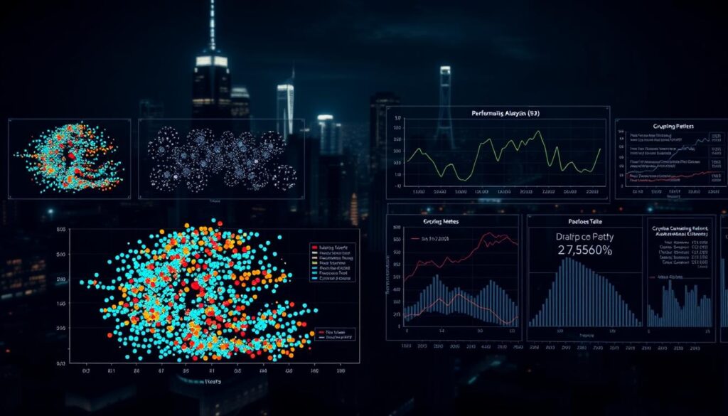 A data-driven visualization showcasing the comparison of various cryptocurrency clustering algorithms. In the foreground, a series of dynamic scatter plots depict the grouping patterns of different digital currencies, each represented by unique color-coded data points. The middle ground features detailed graphs and charts illustrating the performance metrics and statistical analysis of the algorithms. In the background, a dimly lit cityscape provides a urban, technological atmosphere, with glowing skyscrapers and futuristic infrastructure. Soft, directional lighting casts shadows and highlights the intricate data visualization, creating a sense of depth and sophistication. The overall mood is one of analytical precision and data-driven insights, perfectly suited to illustrate the section on "Machine learning cryptocurrency clustering analysis in Practice". A data-driven visualization showcasing the comparison of various cryptocurrency clustering algorithms. In the foreground, a series of dynamic scatter plots depict the grouping patterns of different digital currencies, each represented by unique color-coded data points. The middle ground features detailed graphs and charts illustrating the performance metrics and statistical analysis of the algorithms. In the background, a dimly lit cityscape provides a urban, technological atmosphere, with glowing skyscrapers and futuristic infrastructure. Soft, directional lighting casts shadows and highlights the intricate data visualization, creating a sense of depth and sophistication. The overall mood is one of analytical precision and data-driven insights, perfectly suited to illustrate the section on "Machine learning cryptocurrency clustering analysis in Practice".