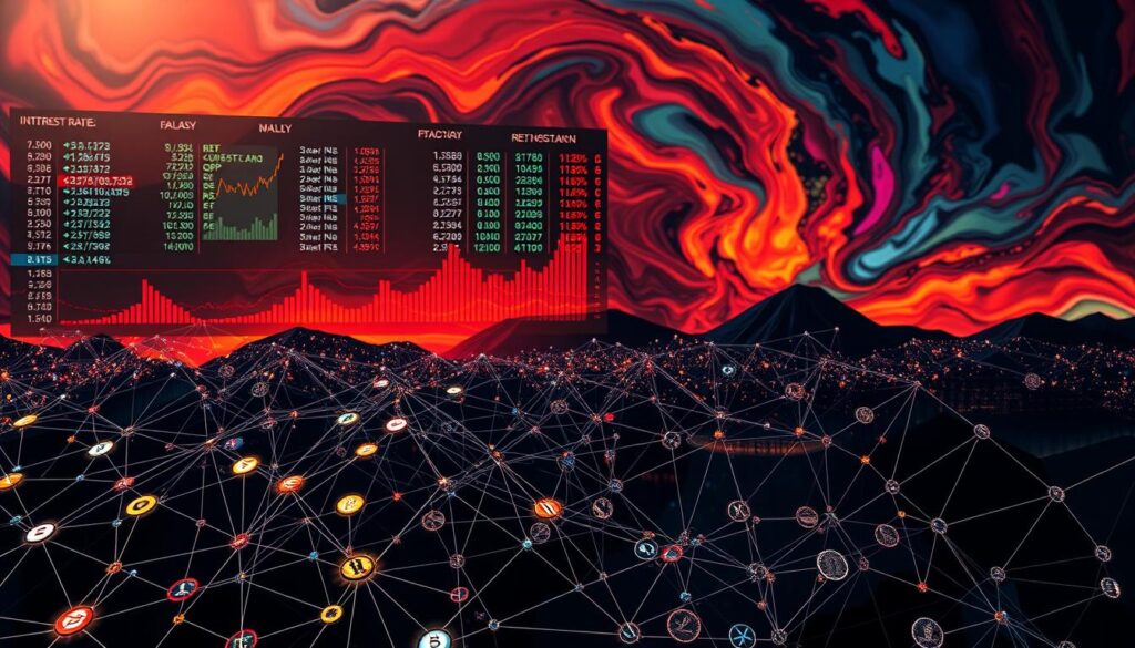 A data-rich visualization of economic events' impact on crypto market correlations. In the foreground, a network of cryptocurrency icons interconnected by dynamic lines, representing the complex web of digital asset relationships. In the middle ground, key economic indicators like interest rates, inflation, and GDP charts shimmer against a backdrop of stock tickers and financial data. The background is a swirling, abstracted landscape of bold colors and fluid shapes, evoking the volatility and unpredictability of the crypto-economic landscape. Dramatic, high-contrast lighting casts dramatic shadows, underscoring the gravity of the subject matter. The overall composition conveys the profound influence of macroeconomic forces on the intricate correlations within the cryptocurrency ecosystem.