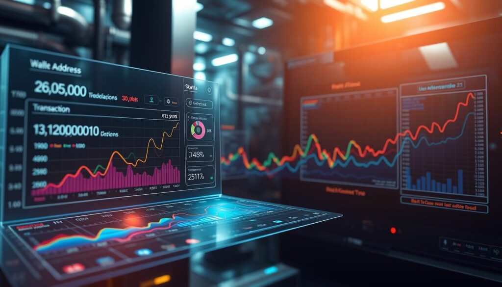 A data-rich visualization of key cryptocurrency adoption metrics, captured under cool, technical lighting. The foreground features a clean, holographic dashboard displaying real-time data points like wallet addresses, transaction volumes, and user growth. The middle ground showcases colorful, abstract data visualizations, with lines, curves, and shapes that ebb and flow to represent the dynamic nature of crypto adoption. The background is shrouded in a moody, industrial atmosphere, with metallic textures and subtle digital patterns that evoke the cutting-edge technology powering the crypto revolution. A data-rich visualization of key cryptocurrency adoption metrics, captured under cool, technical lighting. The foreground features a clean, holographic dashboard displaying real-time data points like wallet addresses, transaction volumes, and user growth. The middle ground showcases colorful, abstract data visualizations, with lines, curves, and shapes that ebb and flow to represent the dynamic nature of crypto adoption. The background is shrouded in a moody, industrial atmosphere, with metallic textures and subtle digital patterns that evoke the cutting-edge technology powering the crypto revolution.