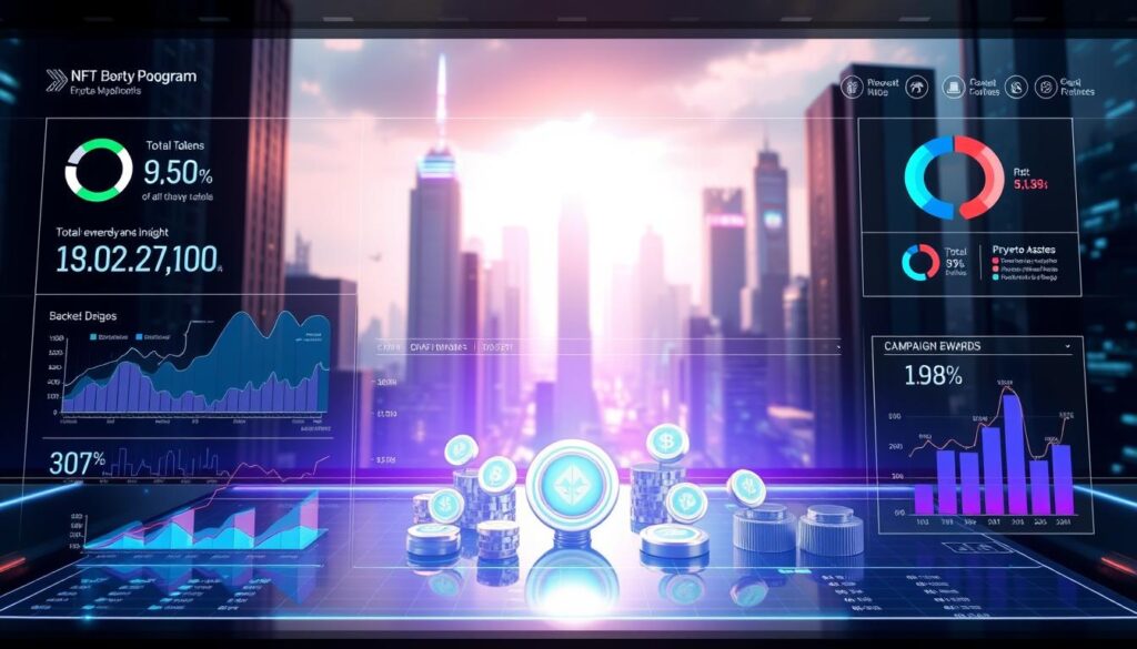 A data visualization dashboard displaying real-time metrics and insights on an NFT bounty campaign. In the foreground, holographic charts and graphs visualize key performance indicators such as total bounty rewards, user engagement, and campaign impact. The middle ground features 3D models of crypto tokens and digital assets, highlighting the tangible rewards. In the background, a futuristic cityscape with neon-lit skyscrapers sets an immersive, technology-driven atmosphere. Dramatic lighting and a cinematic camera angle convey the significance and scale of the NFT bounty program. A data visualization dashboard displaying real-time metrics and insights on an NFT bounty campaign. In the foreground, holographic charts and graphs visualize key performance indicators such as total bounty rewards, user engagement, and campaign impact. The middle ground features 3D models of crypto tokens and digital assets, highlighting the tangible rewards. In the background, a futuristic cityscape with neon-lit skyscrapers sets an immersive, technology-driven atmosphere. Dramatic lighting and a cinematic camera angle convey the significance and scale of the NFT bounty program.