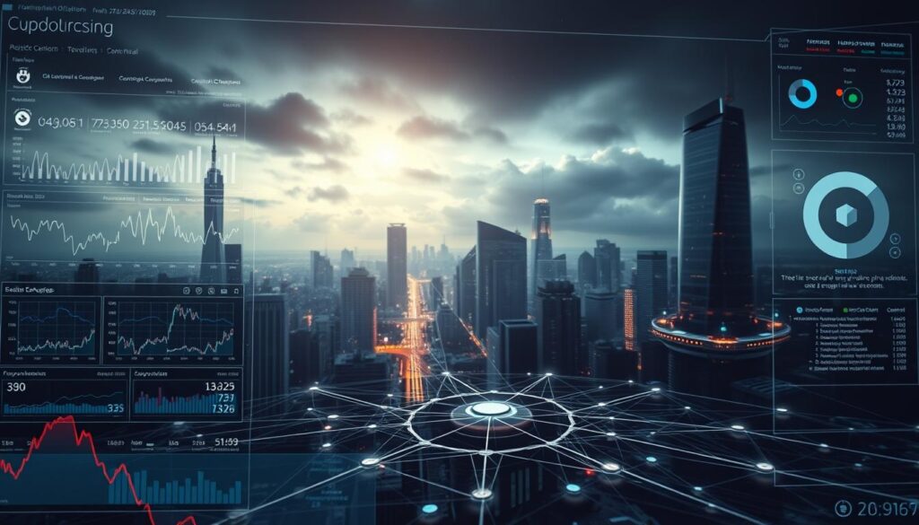 A data visualization dashboard showcasing various cryptocurrency data collection methods. The foreground features data streams and analytical tools such as graphs, charts, and algorithmic models. The middle ground depicts a blockchain network, with nodes and interconnected data flows. The background sets a moody, technological atmosphere with a cityscape of futuristic skyscrapers, neon lights, and a cloudy, starry night sky. The scene is illuminated by a soft, warm glow, creating a sense of depth and immersion. The overall composition conveys the complex, data-driven nature of cryptocurrency analysis. A data visualization dashboard showcasing various cryptocurrency data collection methods. The foreground features data streams and analytical tools such as graphs, charts, and algorithmic models. The middle ground depicts a blockchain network, with nodes and interconnected data flows. The background sets a moody, technological atmosphere with a cityscape of futuristic skyscrapers, neon lights, and a cloudy, starry night sky. The scene is illuminated by a soft, warm glow, creating a sense of depth and immersion. The overall composition conveys the complex, data-driven nature of cryptocurrency analysis.